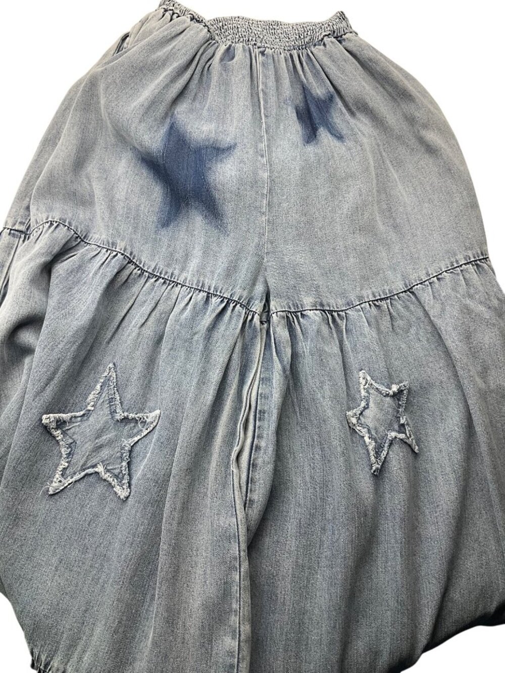 New Blue Velvet S/M Smocked Tiered Wide Leg Chambray Jumpsuit Adjustable - Picture 8 of 14